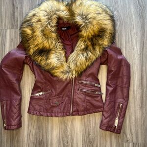 balera Women's Burgundy Leather Jacket with Faux Fur Collar